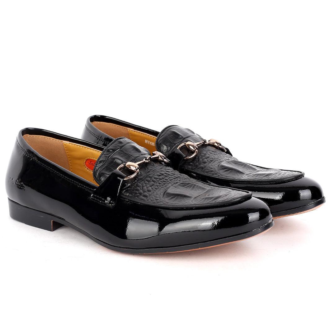 John Foster Glossy And Croc Skin Designed Men's Shoe- Black - Obeezi.com
