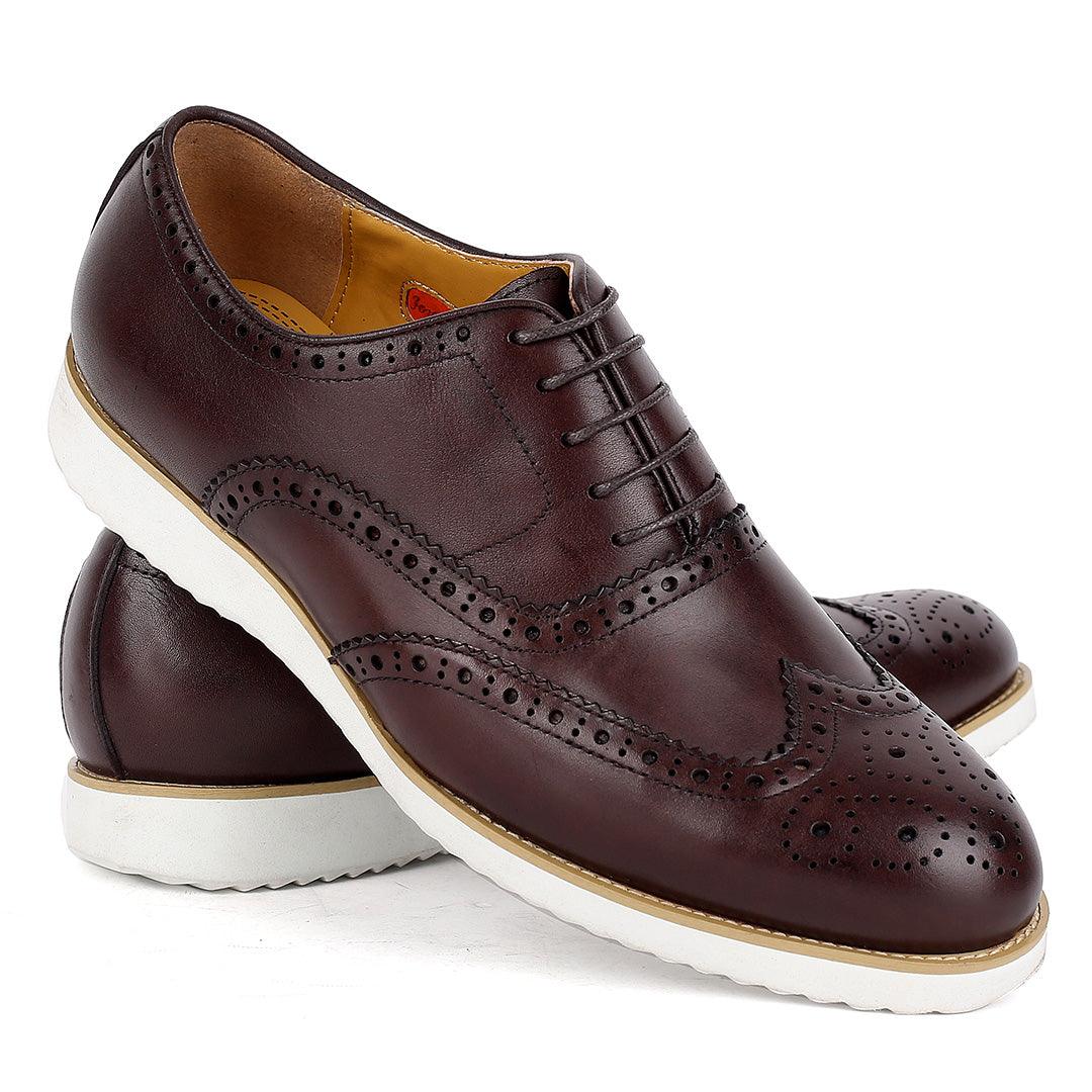 John Mendson Classic Men's Brown Perforated Designed Shoe With Solid White Sole - Obeezi.com