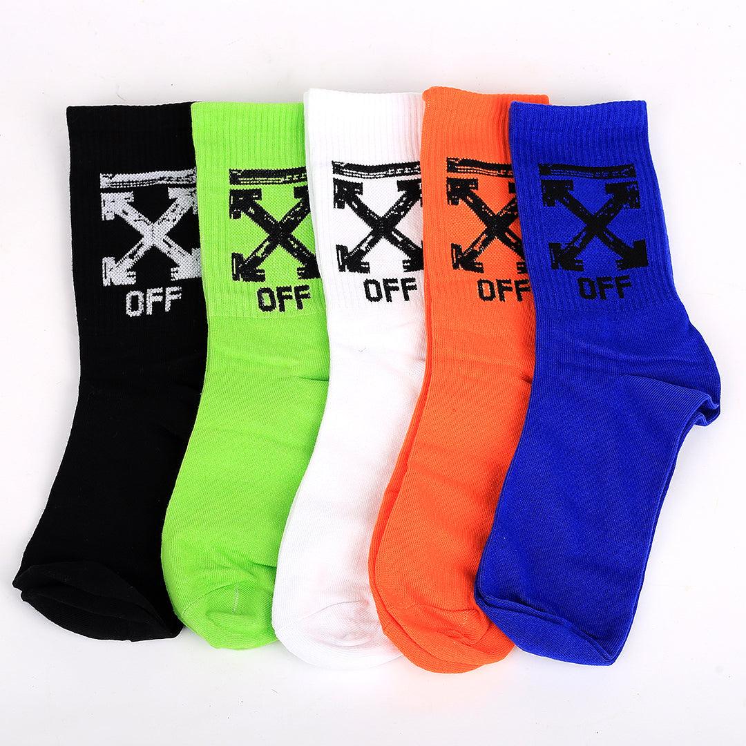 Off Cotton 5 In 1 Orange, Black, White, Green And Blue Logo Designed Socks - Obeezi.com