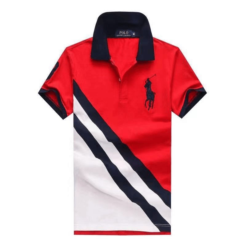 PRL Custom Fitted Big Pony Diagonal Patterned Polo Shirt- Red and White - Obeezi.com
