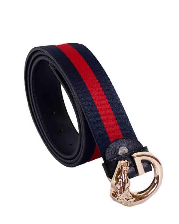 Web Bee With Gold Horse Head Buckle Belt Navyblue and Red Stripe - Obeezi.com