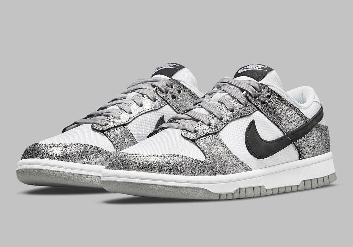 The Nike Dunk Low Features Silver Cracked Leather - Obeezi.com