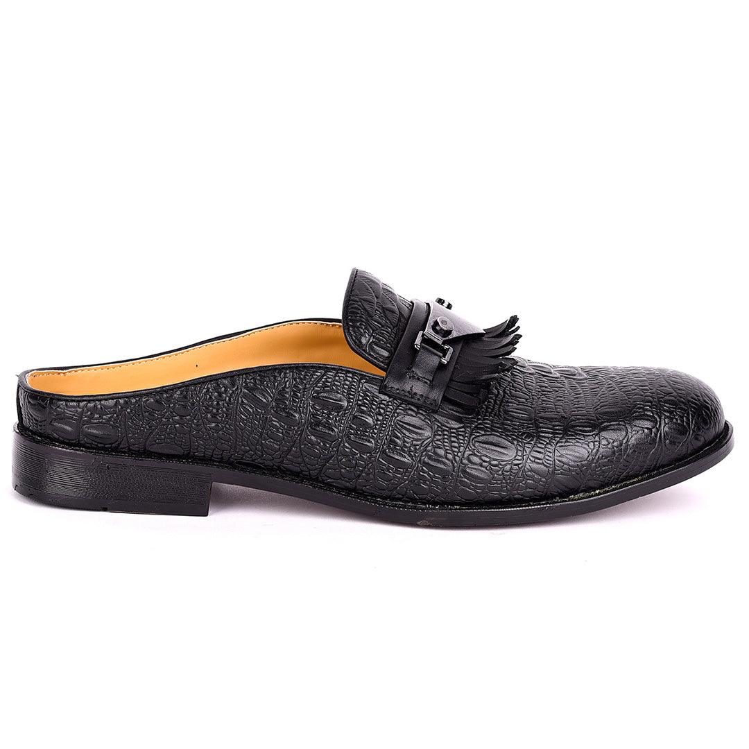 Abraham Mathias Crocodile Leather Fringe Designed Men's Half Shoe- Black - Obeezi.com
