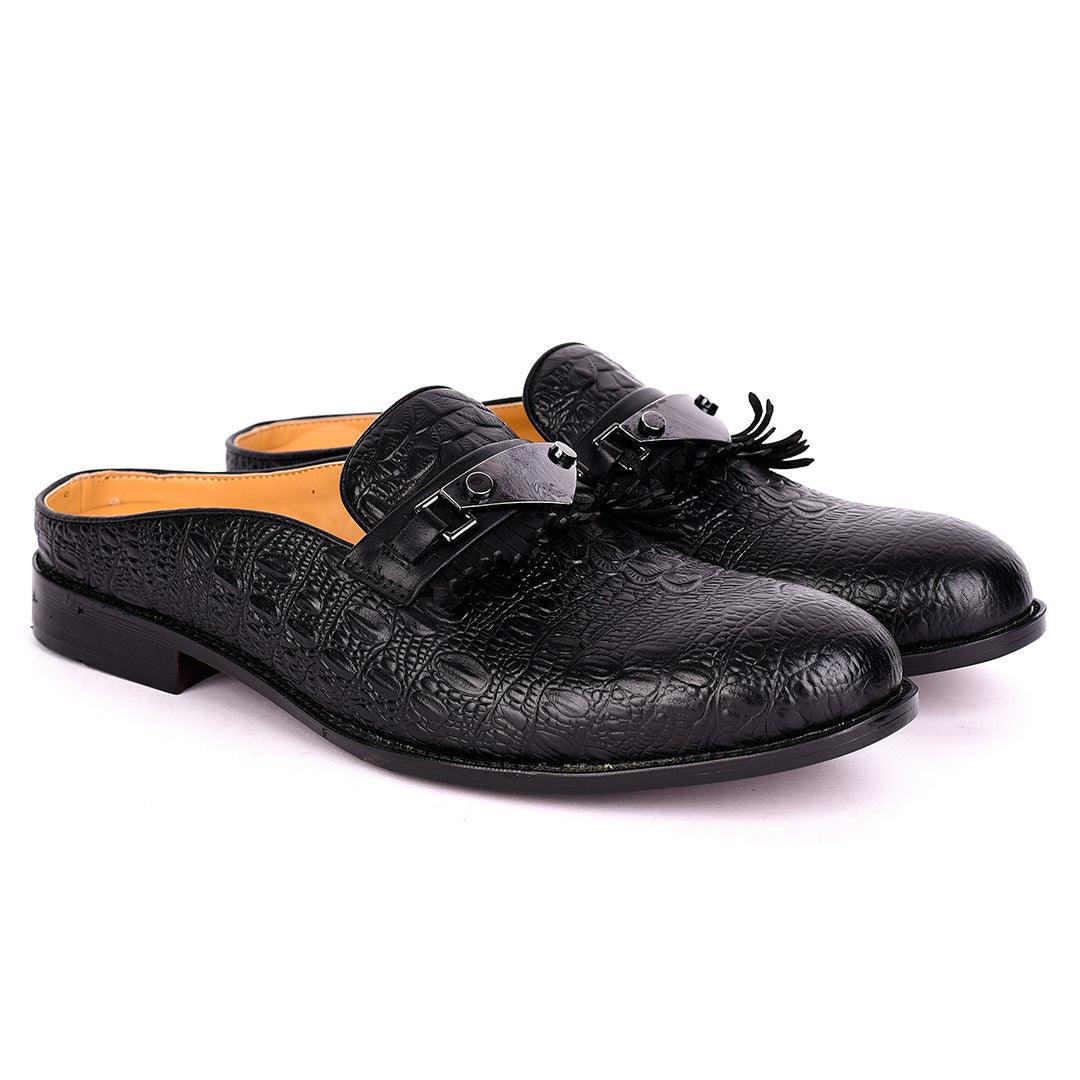 Abraham Mathias Crocodile Leather Fringe Designed Men's Half Shoe- Black - Obeezi.com