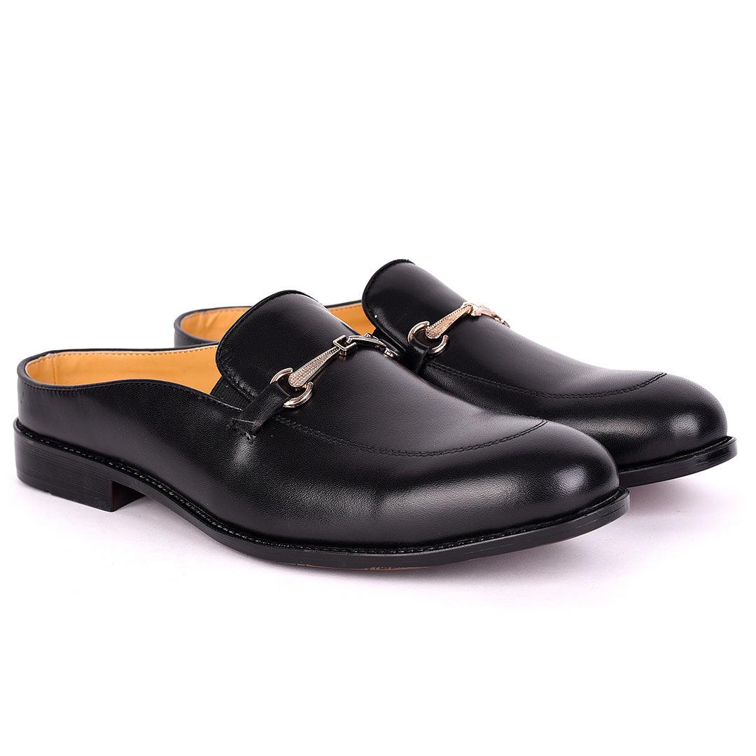 Abraham Mathias Plain Leather Chain Logo Men's Half Shoe- Black - Obeezi.com