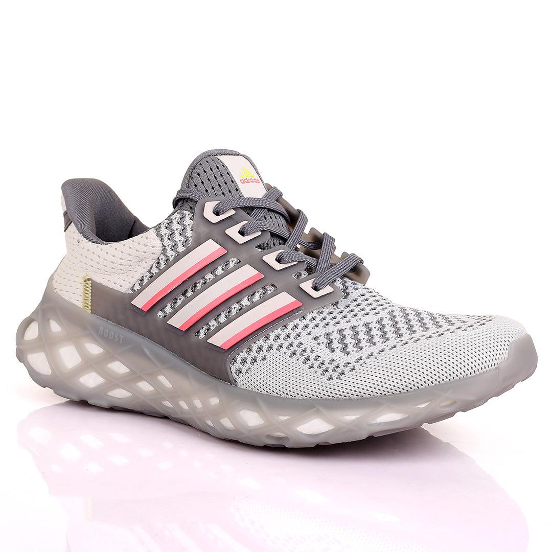 AD Boost White And Grey Designed Men's Running Sneakers With Grey Sole - Obeezi.com