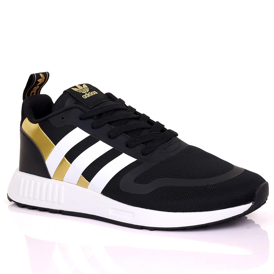 AD Comfy Black And Gold With White Stripe Design And White Sole Designed Sneakers - Obeezi.com