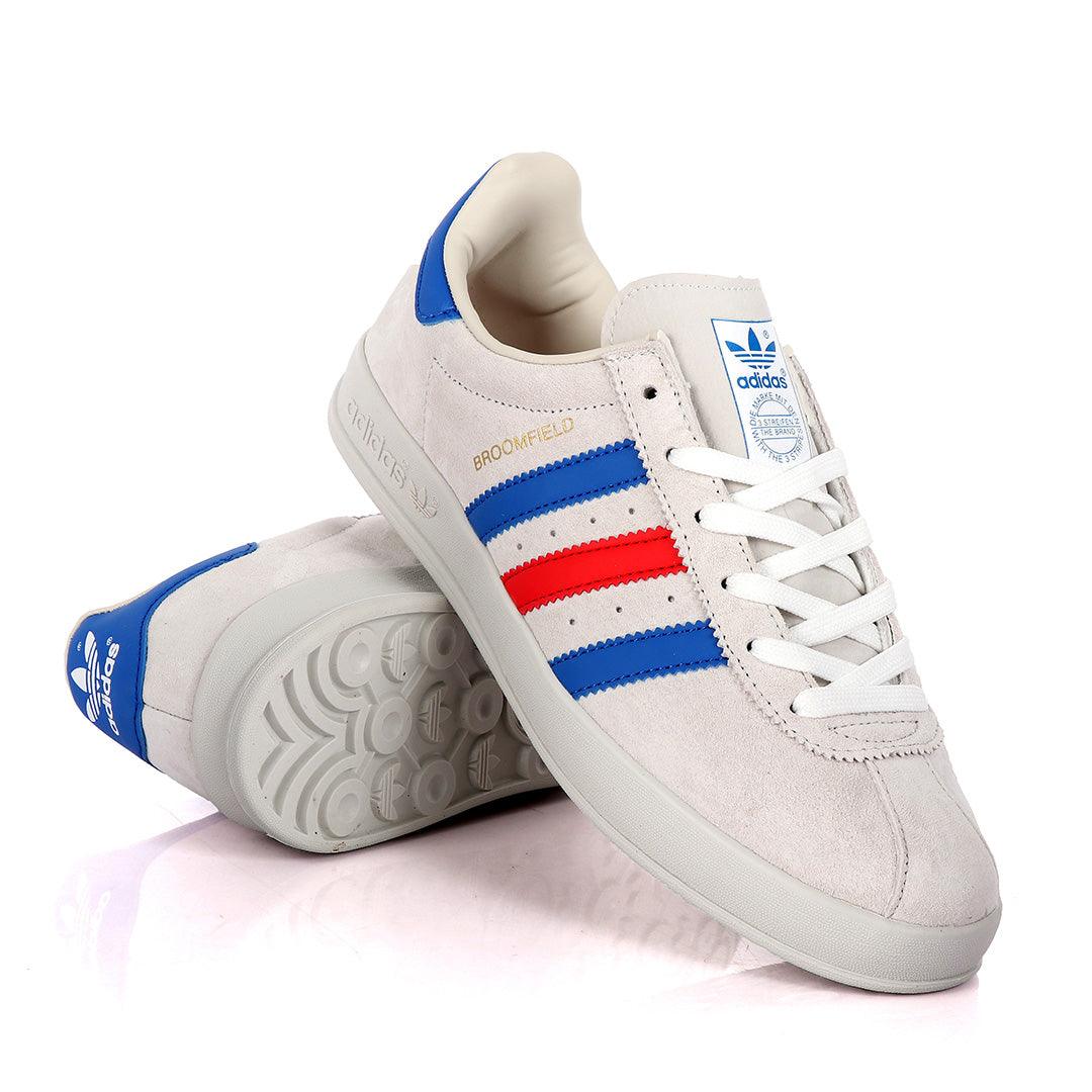 AD Originals BroomField Beige Suede Sneakers With Blue And Red Stripes - Obeezi.com