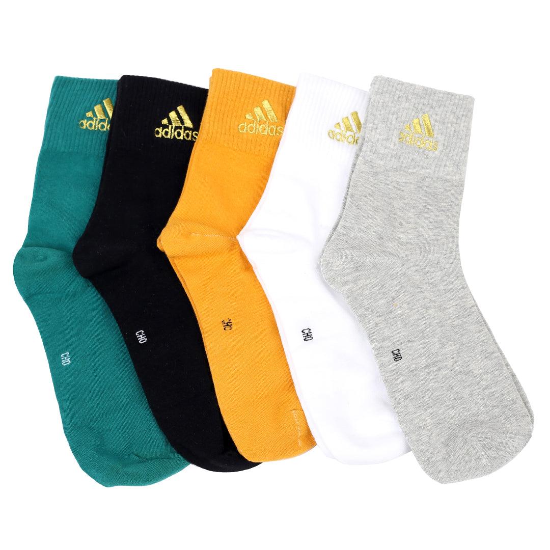 Adid Gold Logo Designed Cotton 5 in 1 Black, Ash, White, Blue And Gray Socks - Obeezi.com