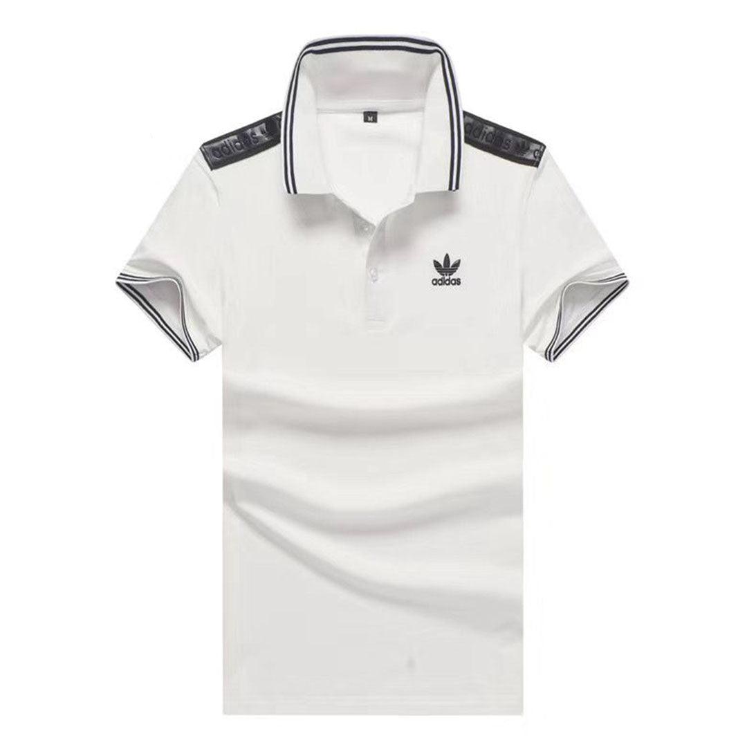 Adidas Men's Body-fit Grey And Black Stripes Collar White Polo Top - Obeezi.com