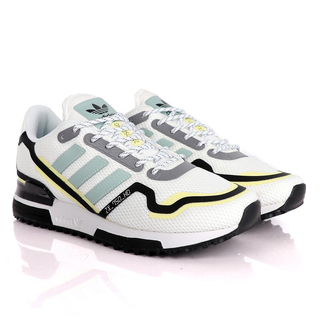 Adidas ZX 750 HD White Sneakers With Classic Yellow And Celeste Green Designs - Obeezi.com