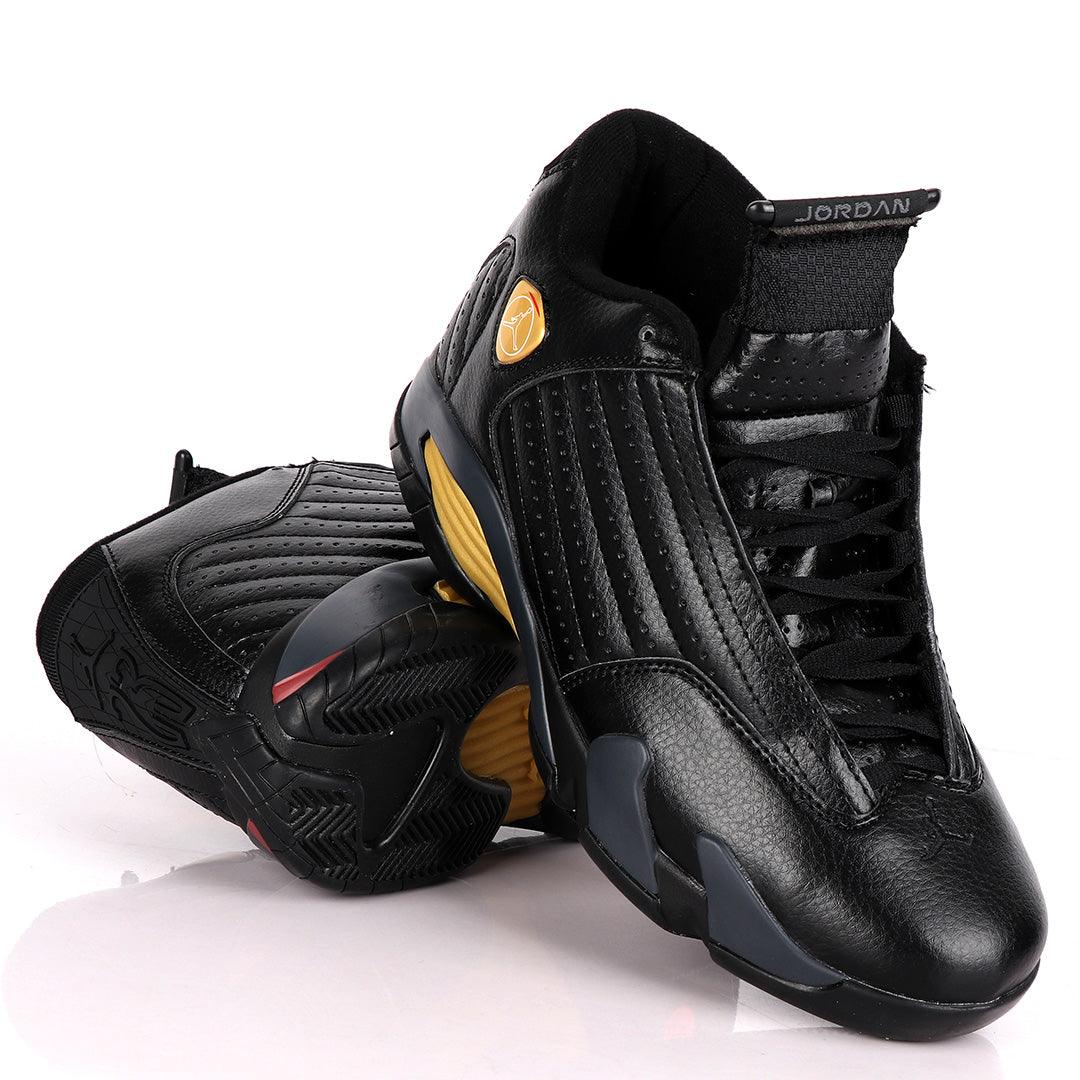 Air Jordan 14 Retro All Black With Classic Gold Designs - Obeezi.com