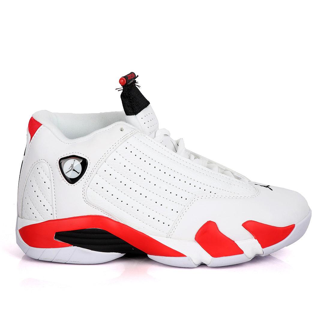 Air Jordan 14 Retro White With Classic Red And Black Design Sneakers - Obeezi.com