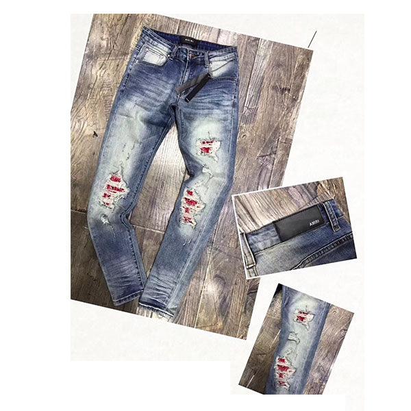 Amiri Ripped with Red Batch Straight cut Jeans - Obeezi.com
