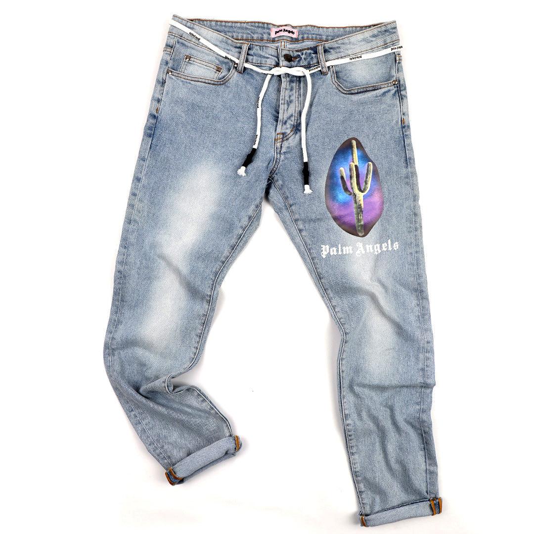 Authentic Men's Denim With Palm Angels Back Print Jeans- Blue - Obeezi.com