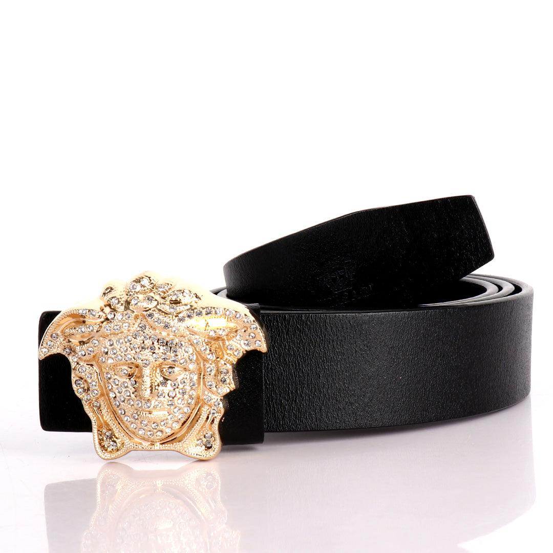 Authentic Versace Medusa Swarovski Gold Crystal Genuine Leather Black Belt - Obeezi.com