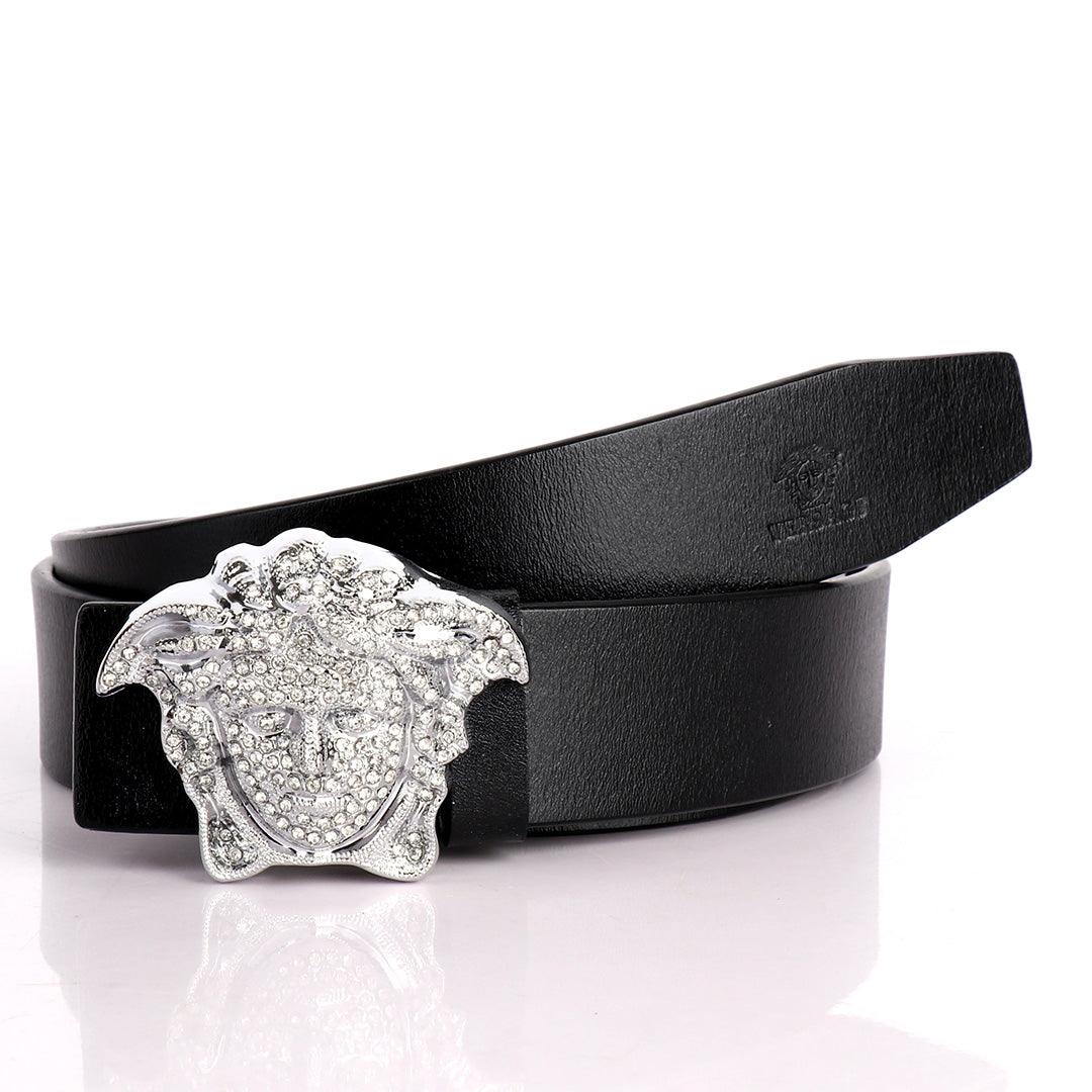 Authentic Versace Medusa Swarovski Silver Crystal Genuine Leather Black Belt - Obeezi.com