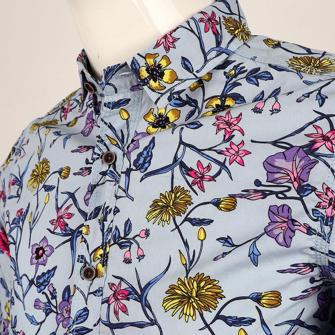 Badgley Executive Floral Print Blue Long Sleeve Shirt - Obeezi.com