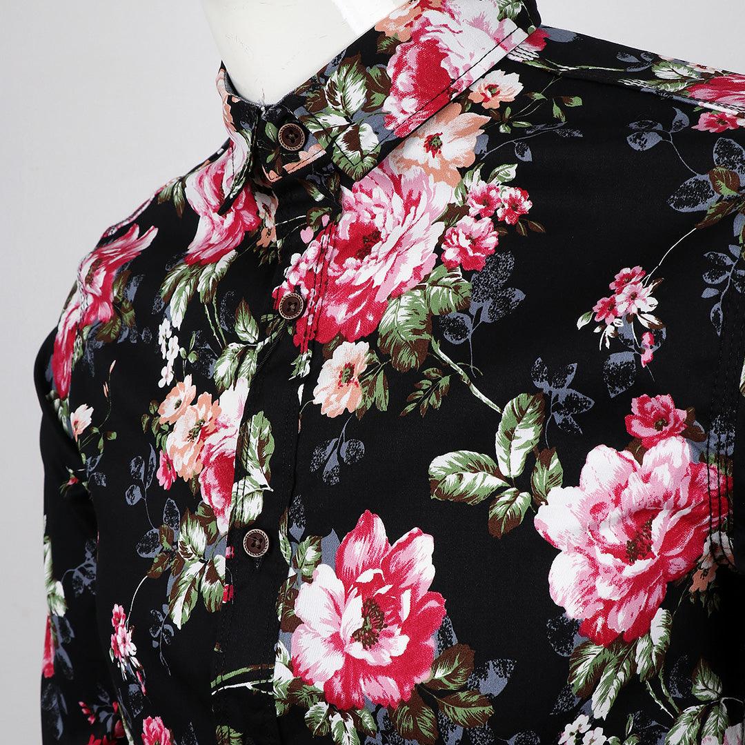 Badgley Quality Closet Trendy Floral Designed Long Sleeve Shirt- Black - Obeezi.com