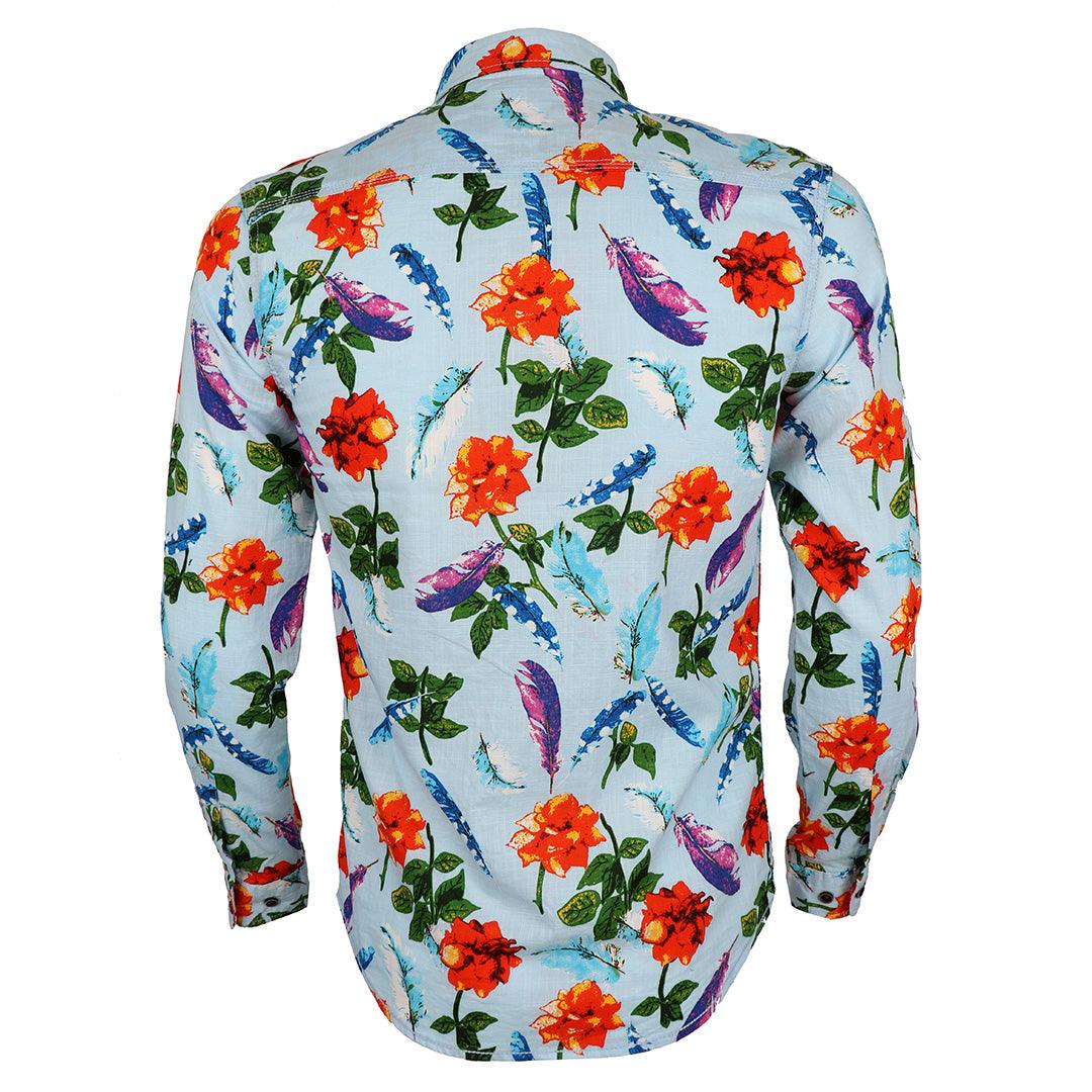 Baijieli Floral Sunflower Long Sleeve Slim Fit Button Up-Brown-Sky Blue - Obeezi.com