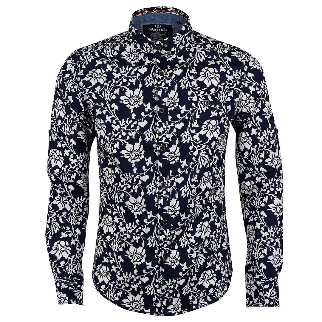 Bajieli New York Fit NavyBlue And White Floral Designed Shirt - Obeezi.com