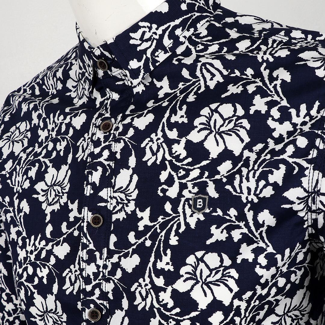 Bajieli New York Fit NavyBlue And White Floral Designed Shirt - Obeezi.com