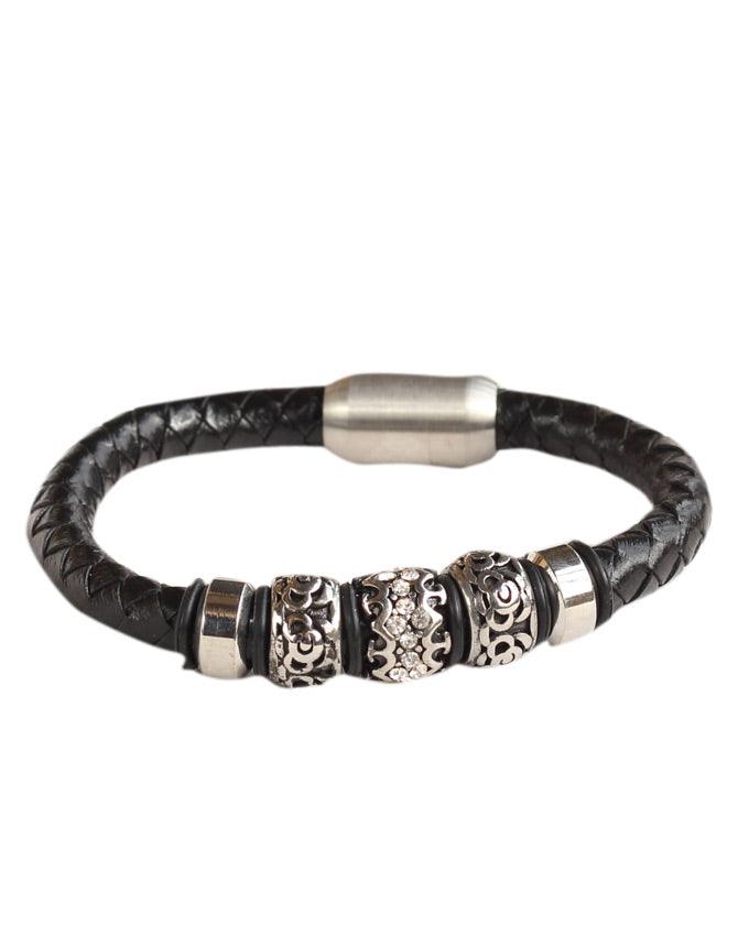 Bead and Braided Stainless Steel Black Leather Bracelet - Obeezi.com