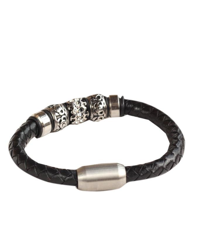 Bead and Braided Stainless Steel Black Leather Bracelet - Obeezi.com