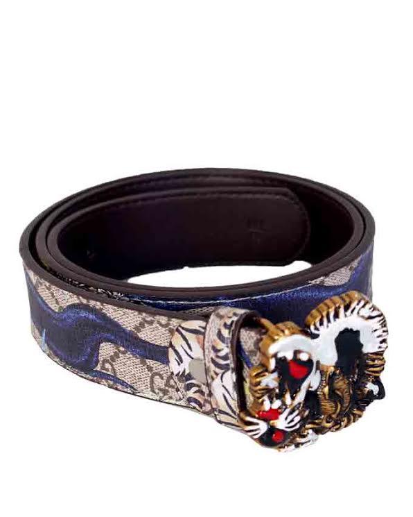 Bengal Tiger Print and Buckle Leather Belt Biege - Obeezi.com