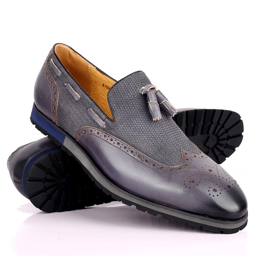 Berlut Brogue And Tassel Designed Grey Leather Shoe - Obeezi.com