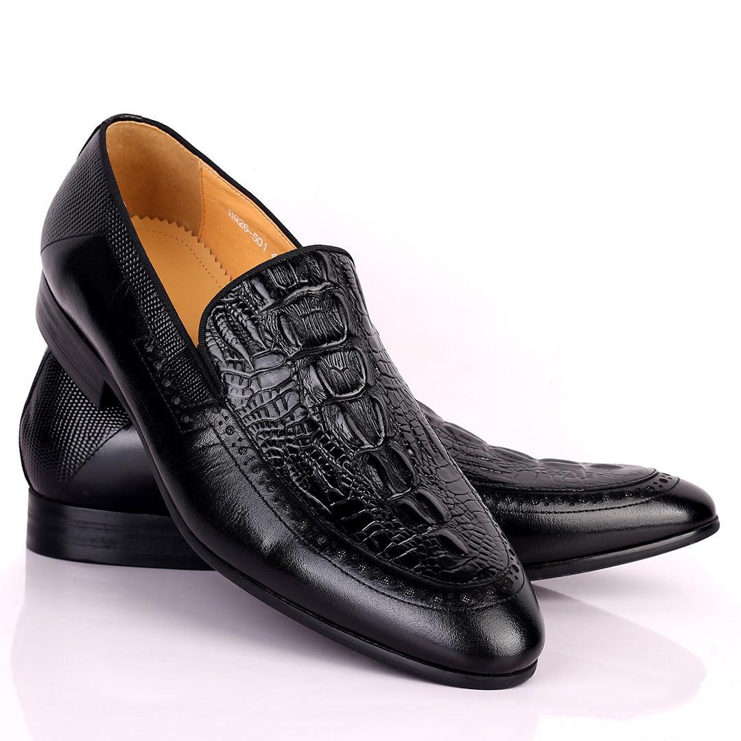Berlut Croc And SIde Perforated Exquisite Designed Shoe - Black - Obeezi.com