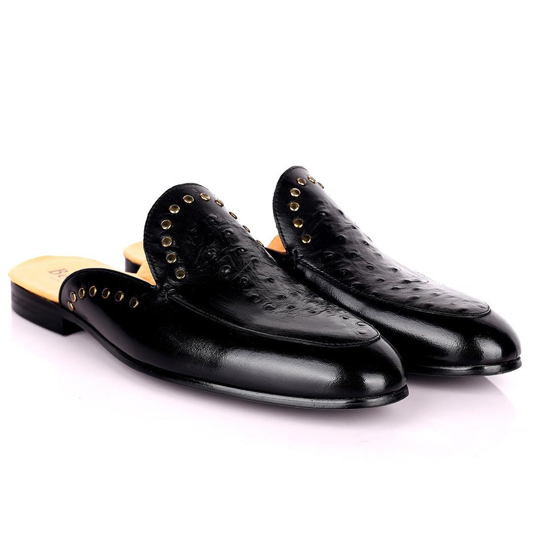 Berlut Elegant Gold Dotted Designed Black Half Leather Shoe - Obeezi.com