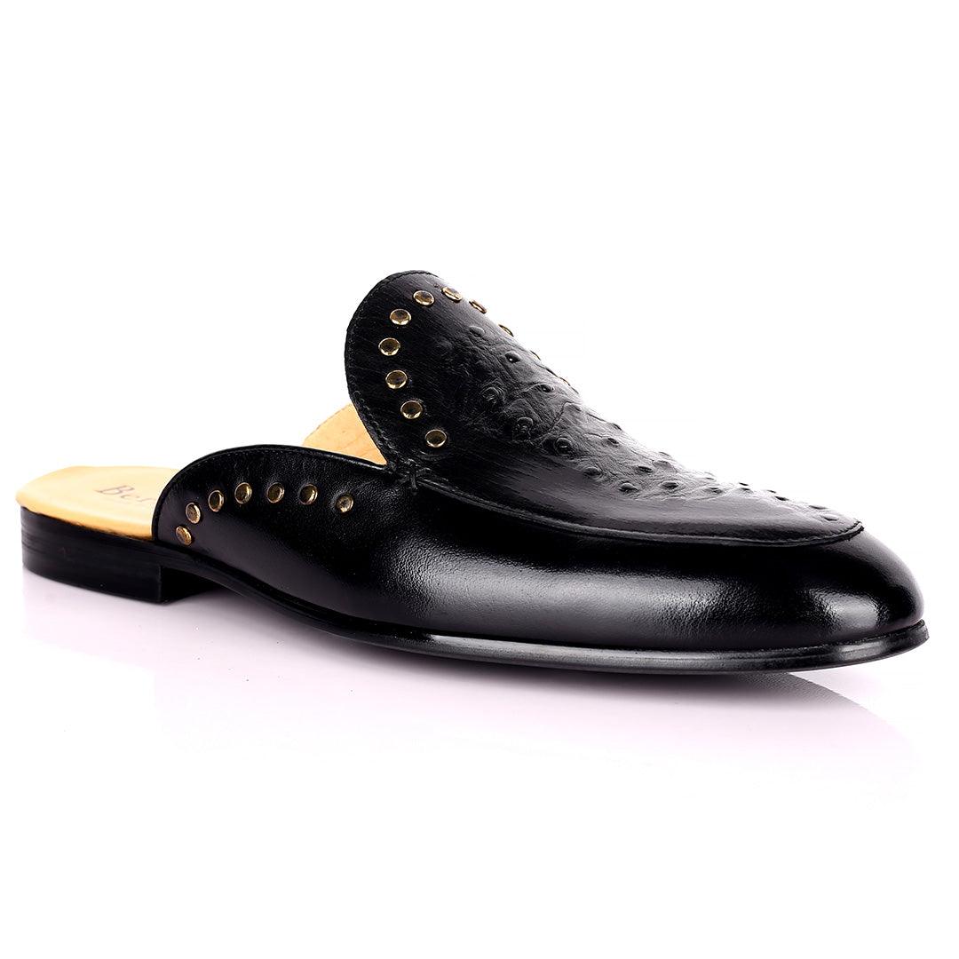 Berlut Elegant Gold Dotted Designed Black Half Leather Shoe - Obeezi.com