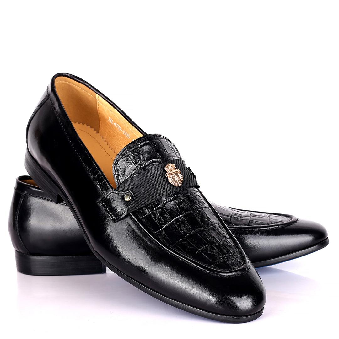 Billion Exquisite Half Croc And Belted Logo Designed Leather Shoe - Black - Obeezi.com