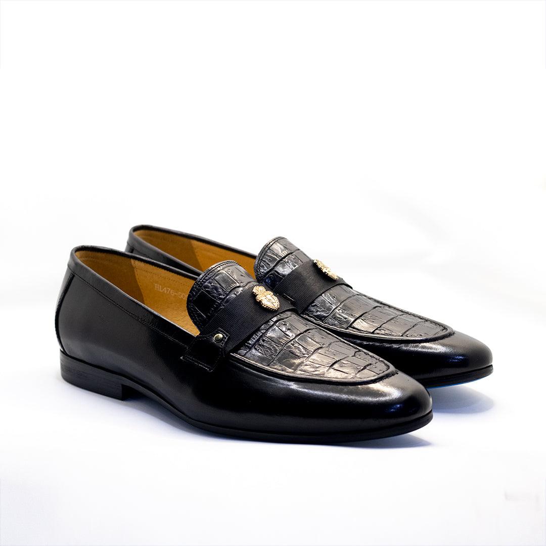 Billion Exquisite Half Croc And Belted Logo Designed Leather Shoe - Black - Obeezi.com