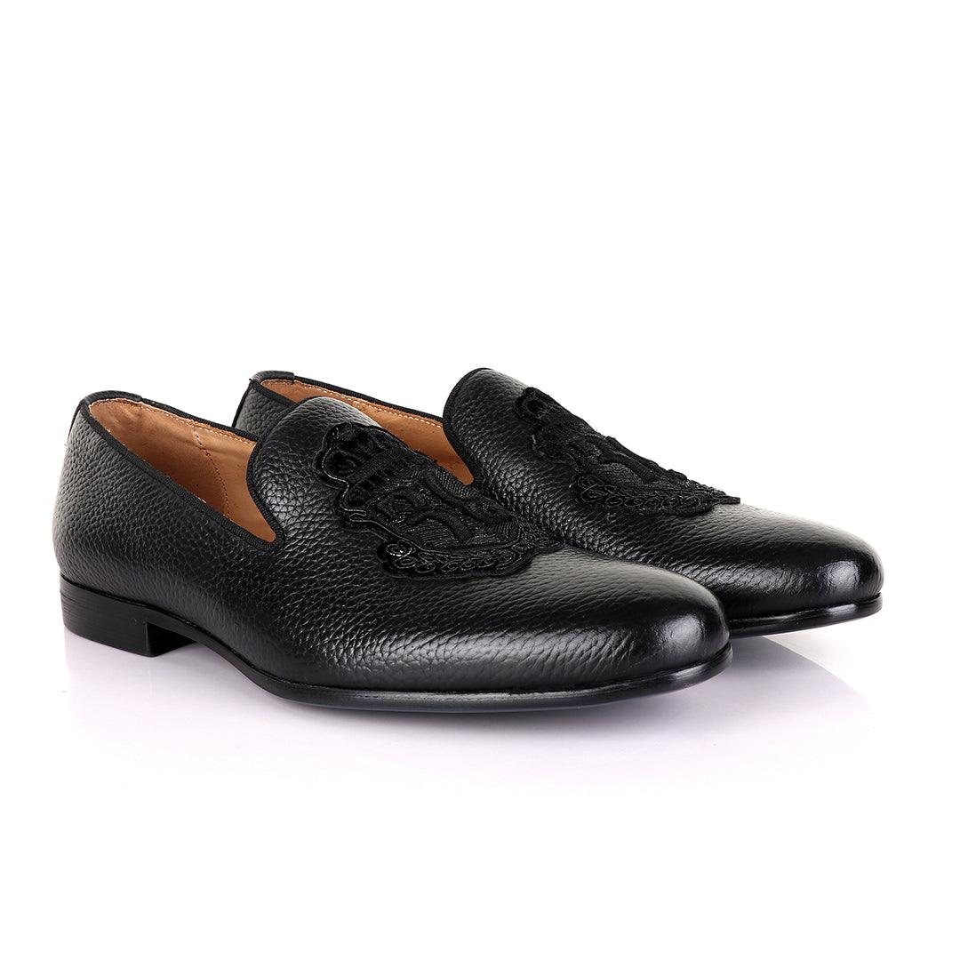 Billionaire Black Leather Loafers With Crested Logo-Black - Obeezi.com
