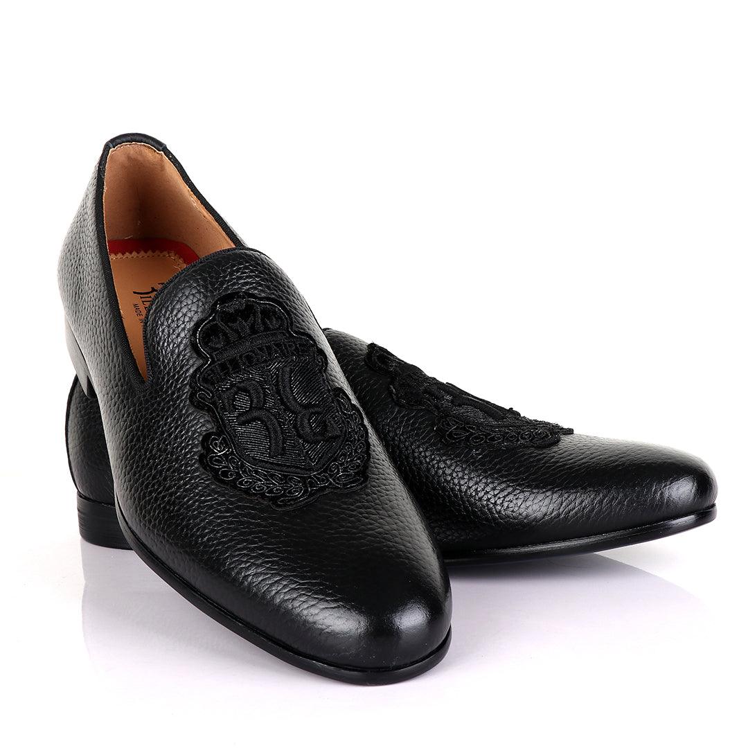 Billionaire Black Leather Loafers With Crested Logo-Black - Obeezi.com