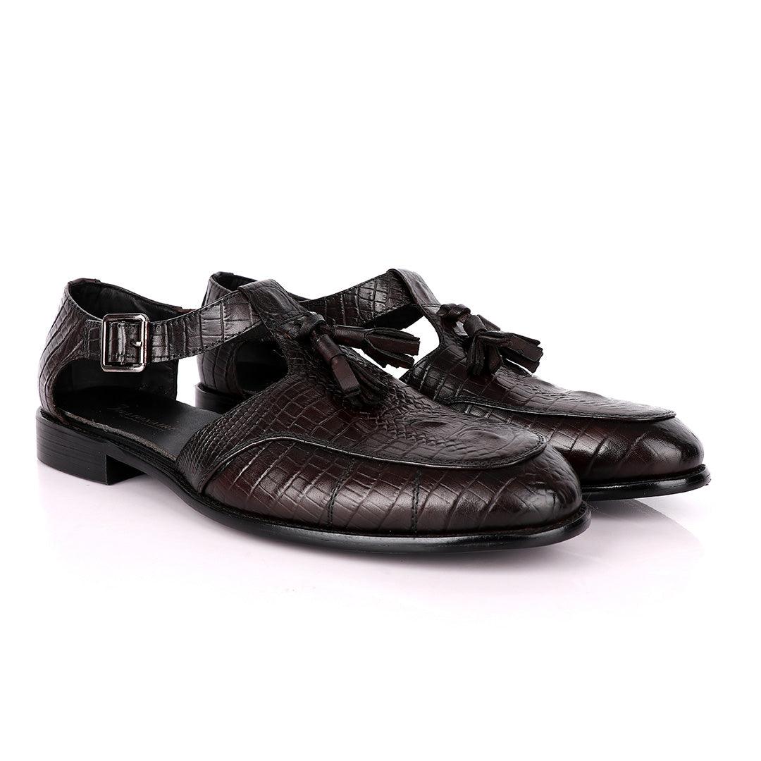 Billionaire Classic Croc Tassel Coffee Leather Sandal Shoe - Obeezi.com