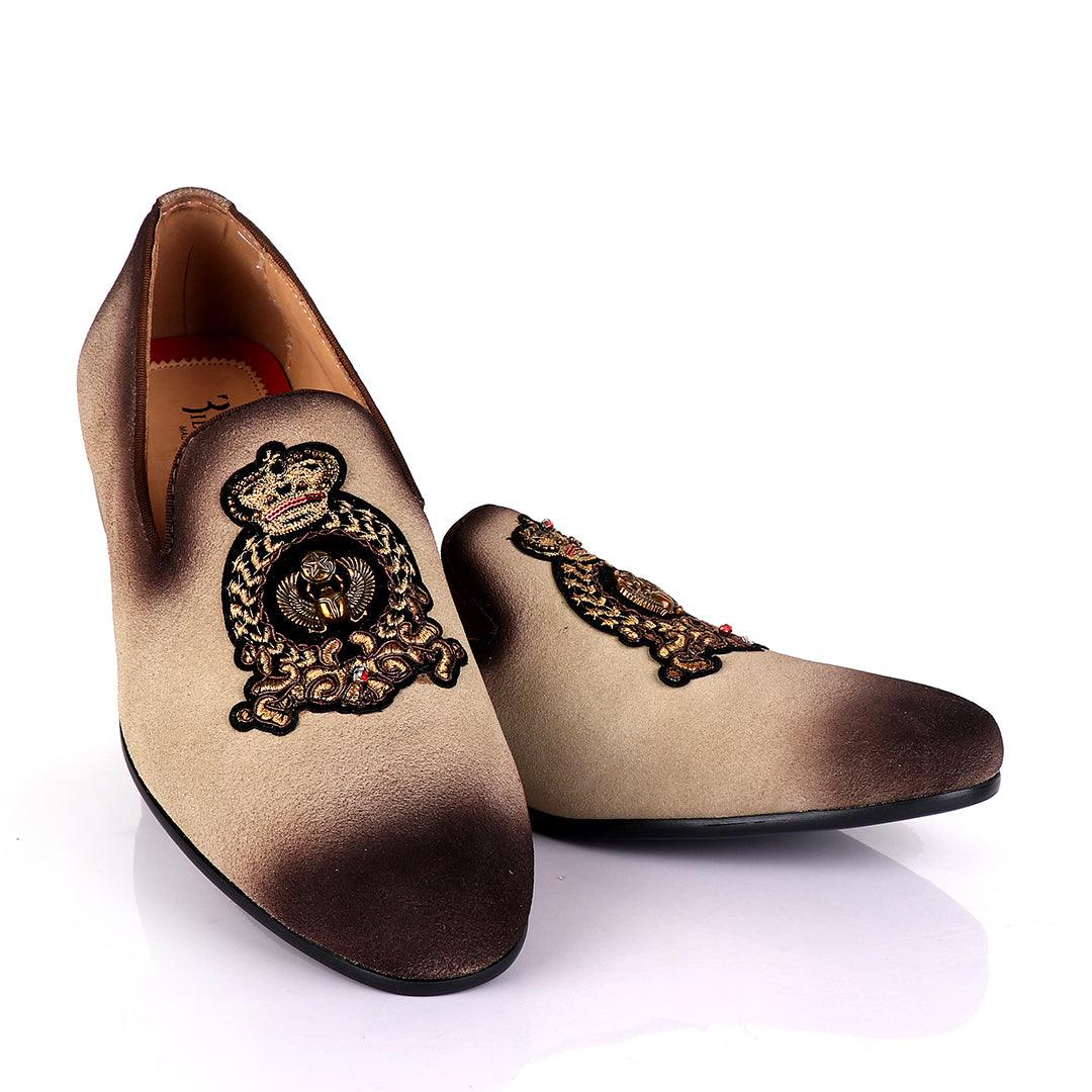 Billionaire Couture Men's Apricot Suede Loafers Shoe with Crown Logo Embroidery - Obeezi.com