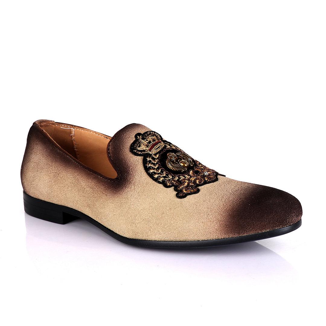 Billionaire Couture Men's Apricot Suede Loafers Shoe with Crown Logo Embroidery - Obeezi.com