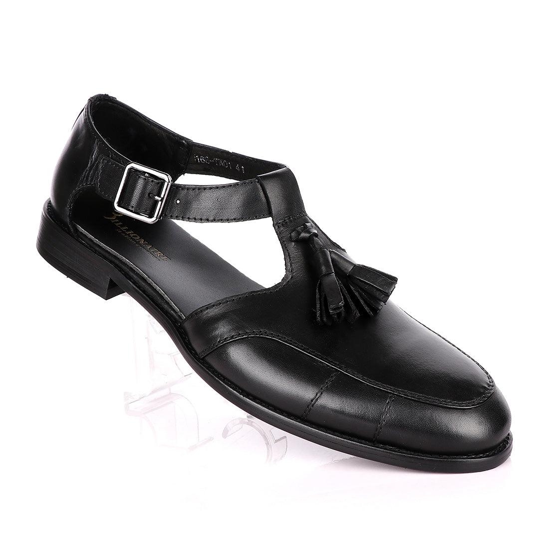 Billionaire Exotic Black Plain with Tassel Cover Leather Sandal - Obeezi.com