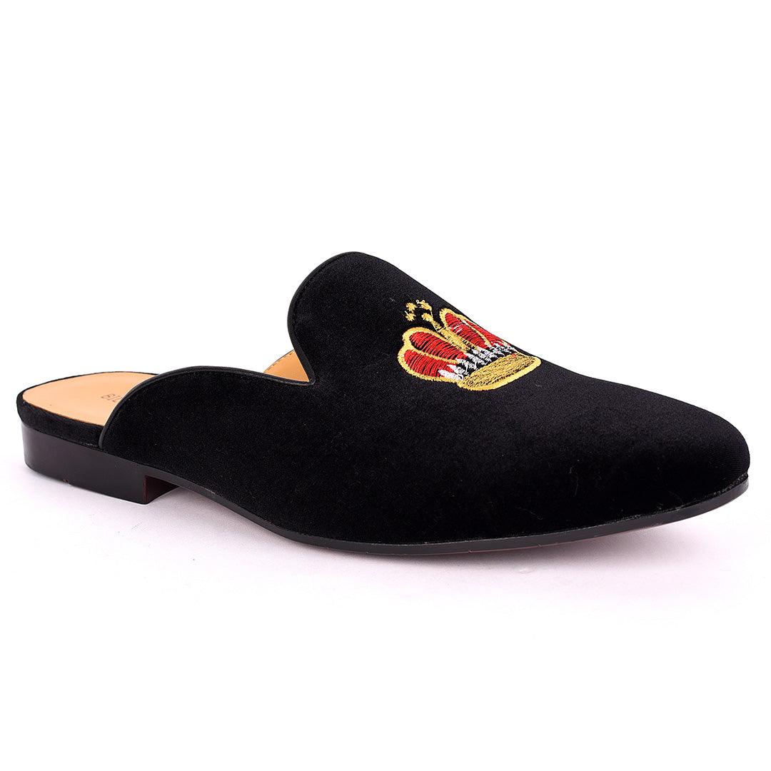 Billy Garrison Classic Crown Embroidered Suede Leather Men's Half Shoe- Black - Obeezi.com