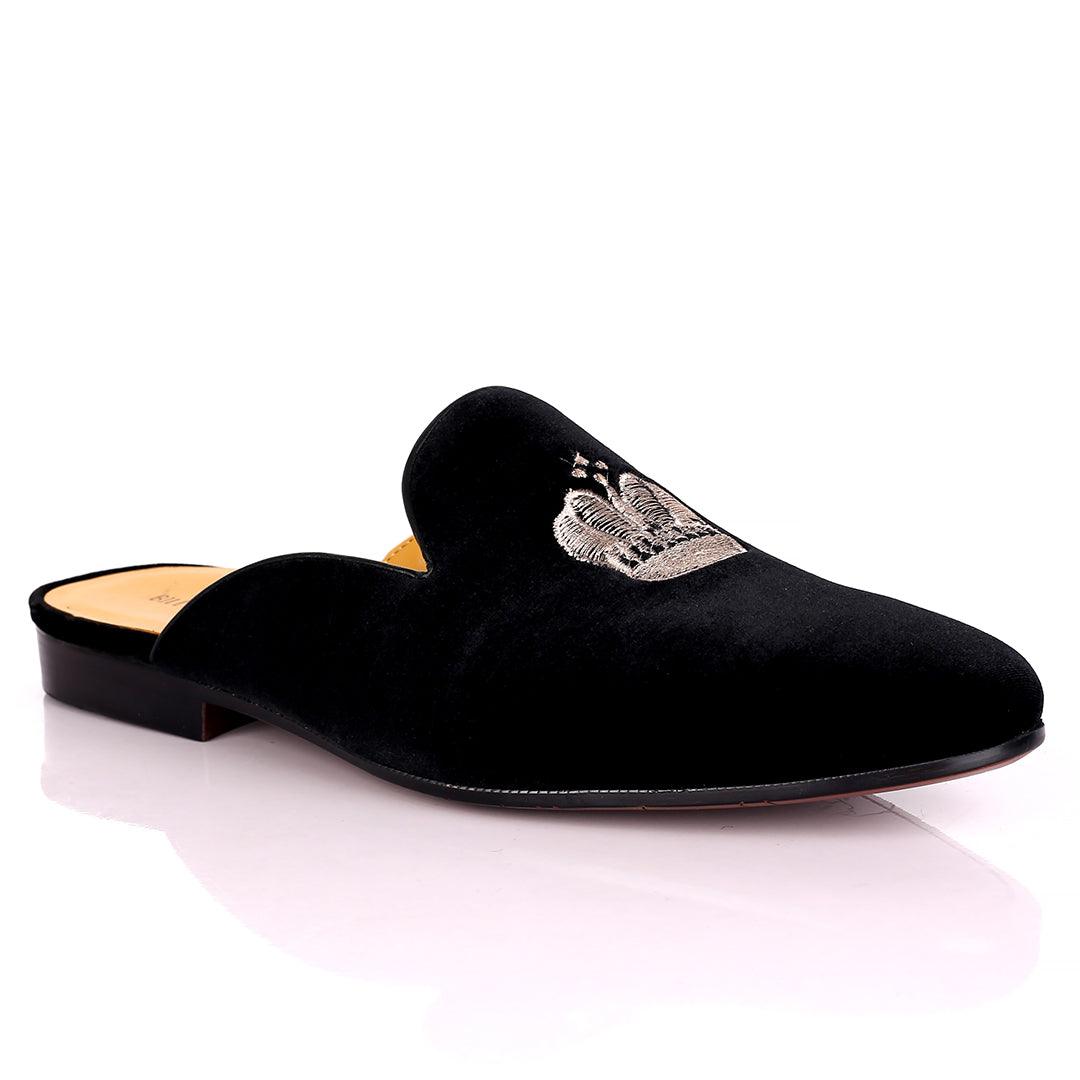 Billy Garrison Three Dotted Crown Embroidered Suede Leather Men's Half Shoe- Black - Obeezi.com