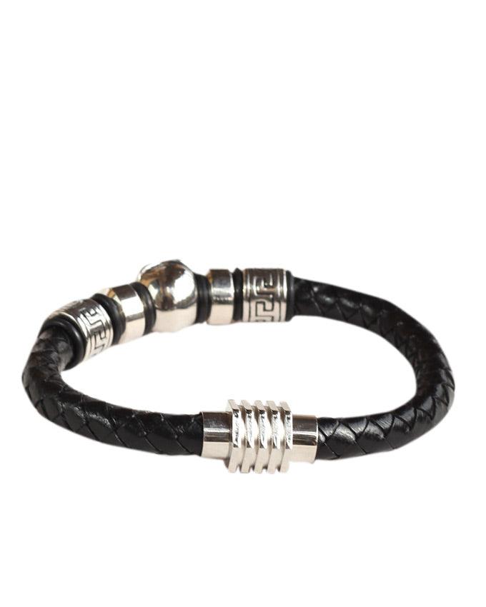 Black leather woven plaited Men's bracelet with skull head end - Obeezi.com