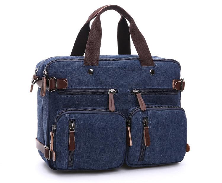 Blue Vintage Canvas Backpack With Brown Strap Design - Obeezi.com