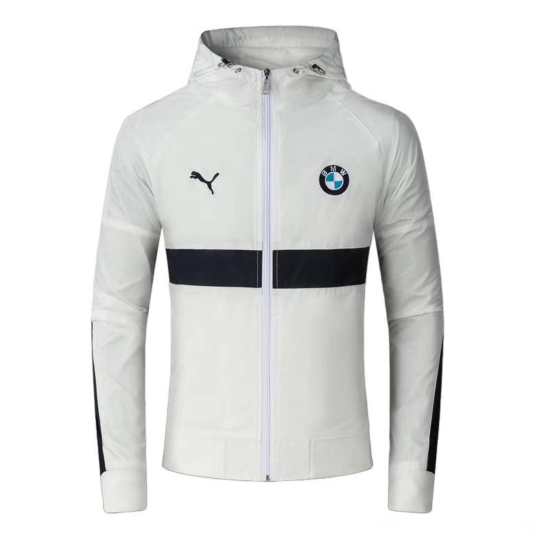 BMW Moto Color Blocked Design Zip Down Hooded Polythene Men's Jacket- White - Obeezi.com