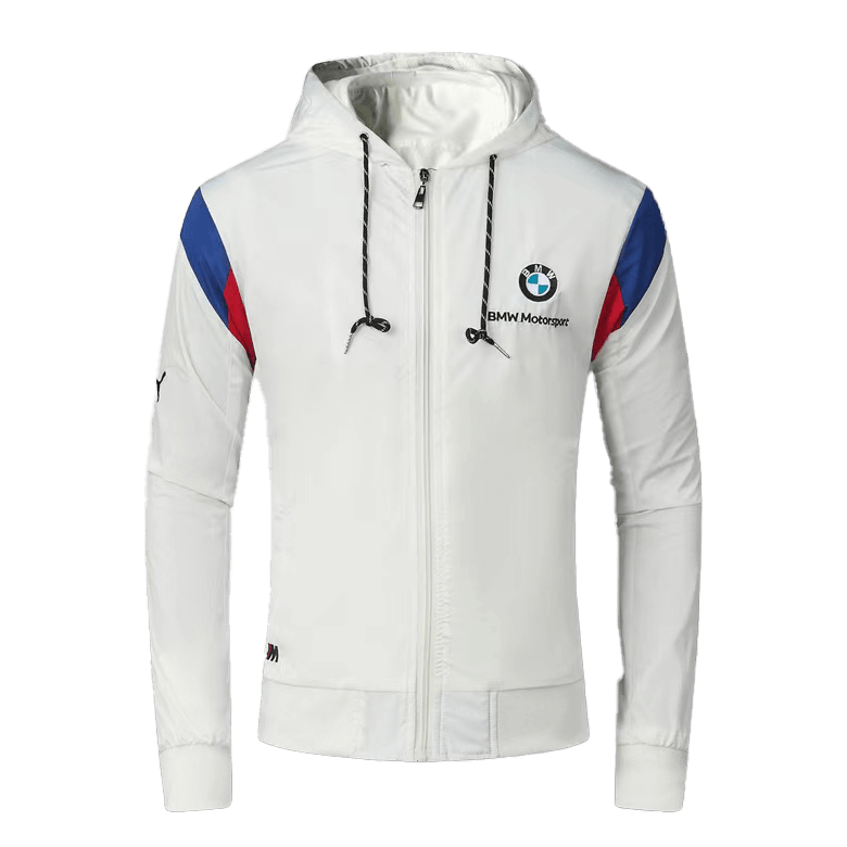 BMW Moto Side Crested Zip Down Hooded Polythene Men's Jacket- White - Obeezi.com