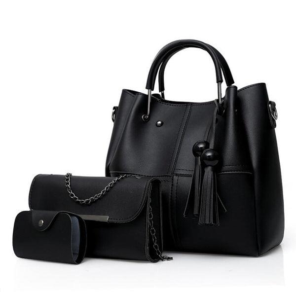 Bosolos Mujers Woman Tote Handbag 3 in 1 Set - Black - Obeezi.com