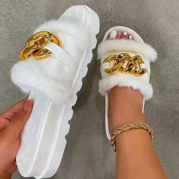 Boss Lady Comfy Fur And Cain Designed Slide Slipper - Whilte - Obeezi.com