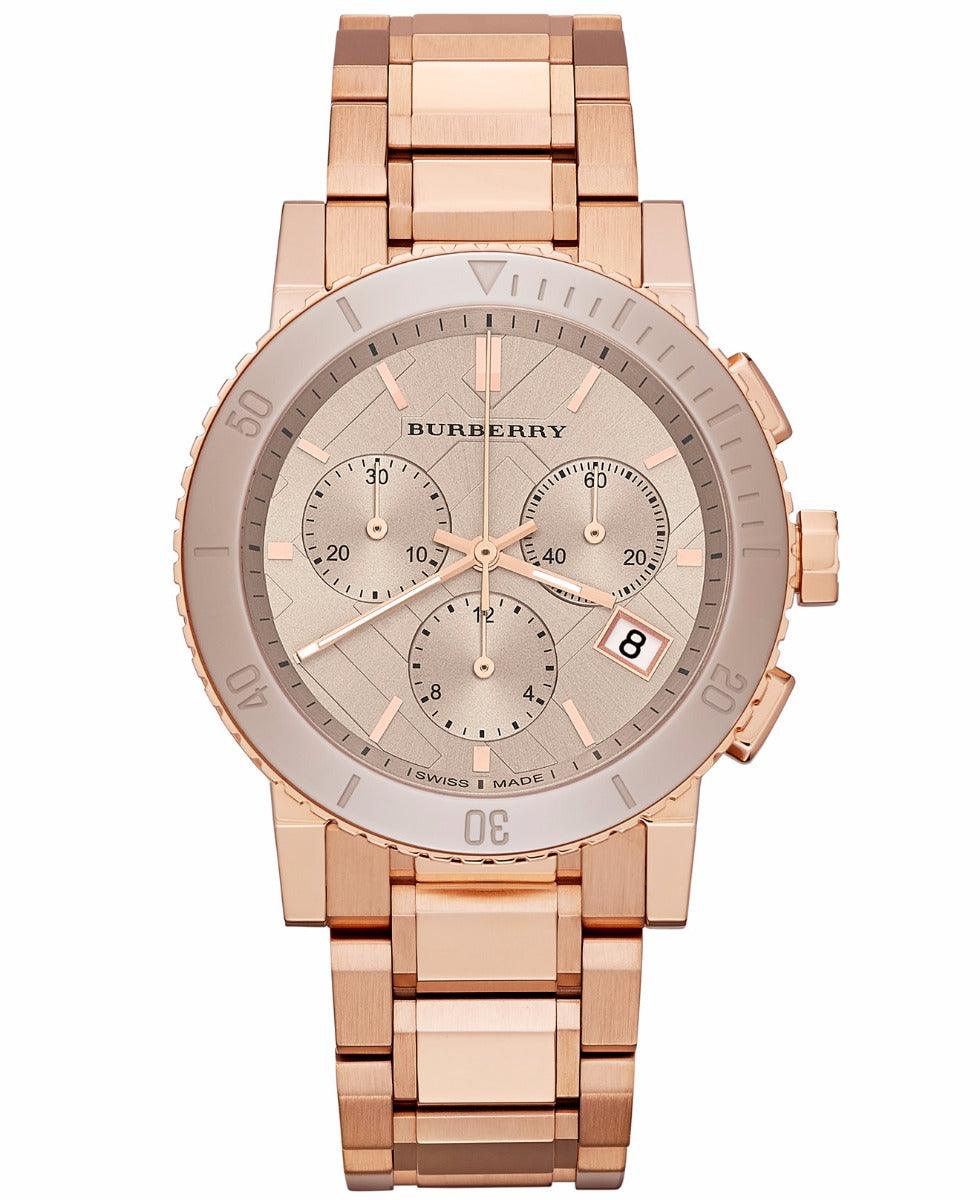 Burberry BU9382 Women's Swiss Chronograph Rose Gold Ion-Plated Stainless Steel Bracelet Watch - Obeezi.com